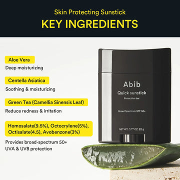 Abib Quick Sunstick Protection Bar SPF50+ 0.77 fl oz / 22 g | Korean Suncreen Stick Suncare Sunblock, No Whitecast, Protector Solar Barra, Centella Asiatica Extract, Aloe Extract, Ceramide NP