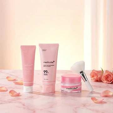 Medicube Pink Glow Skincare Set with Microfiber Hand Brush – Salmon Extract Complex, Radiance & Hydration, 4-Piece Set