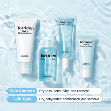 Torriden DIVE IN Trial Kit | Hyaluronic Acid Infused Daily Skincare Kit - 4 Step Regimen with Foam Cleanser, Facial Toner, Serum, and Cream | Korean Skin Care Set