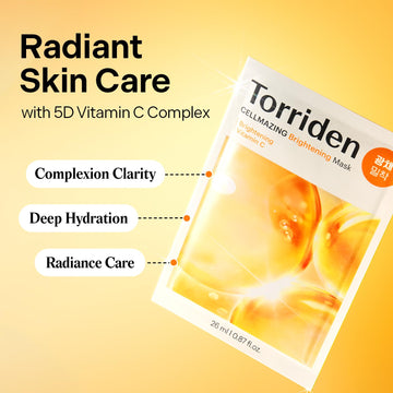 Torriden CELLMAZING Vita C Facial Mask (10 Sheets) | Radiance & Glow Boosting Korean Sheet Mask | Improving Overall Skin Tone | 5D Vitamin C + Niacinamide | Korean Face Mask