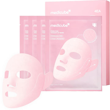 medicube PDRN Pink Tension Up Sheet Mask - 3-Step Contouring Mask | Full-Face Firming Care with Salmon PDRN, NAD & Caffeine - Korean Skincare, 34g x 4ea, Tightening Band