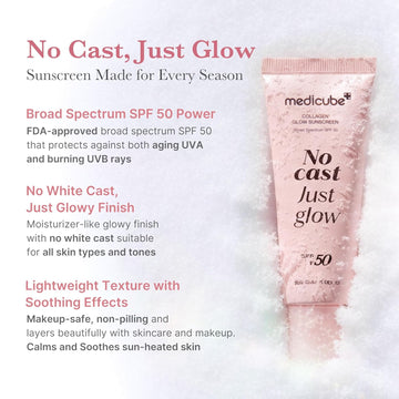 medicube No Cast Just Glow Collagen Sunscreen | SPF 50 Broad Spectrum Face Sunscreen | Lightweight, Non-Sticky, Hydrating Formula | Peptide, Cica for Soothing & Glow | Korean Skincare