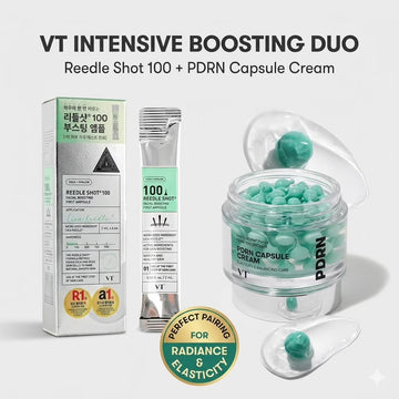 VT Intensive Skincare Duo: Reedle Shot 100 Facial Boosting Ampoule (10ea) & PDRN Capsule Cream (50ml)