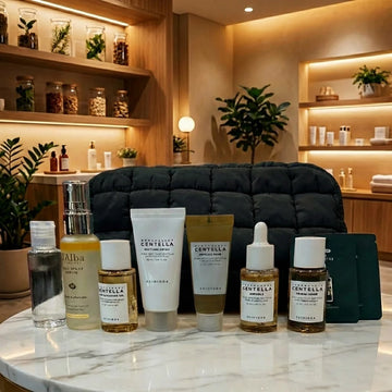 Centella Travel Kit + d’Alba White Truffle First Spray Serum 1.69 fl oz | Free Mini Empty Bottle & 2 Samples | Open Box No Return | Makeup Pouch Included