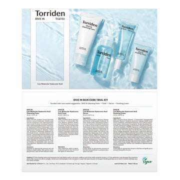 Torriden DIVE IN Trial Kit | Hyaluronic Acid Infused Daily Skincare Kit - 4 Step Regimen with Foam Cleanser, Facial Toner, Serum, and Cream | Korean Skin Care Set