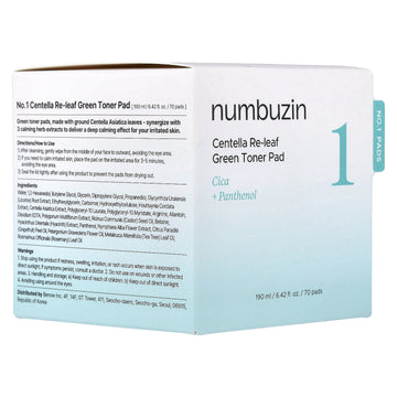 Numbuzin No.1 Centella Re-Leaf Green Toner Pad, 70 Pads, 6.42 fl oz (190 ml)